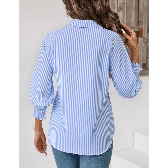 Women Blouses 3/4 Sleeve Business Shirts Smocked Cuffed Spring Dressy Casual Top - Picture 5 of 5